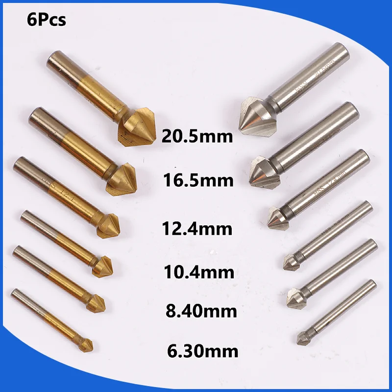 6Pcs 90 Degree Countersink Drill Bit Set 1/4\'\' Hex Shank HSS 5 Flute Countersink Wood Chamfering Cutter 6mm-19mm Chamfer Tools