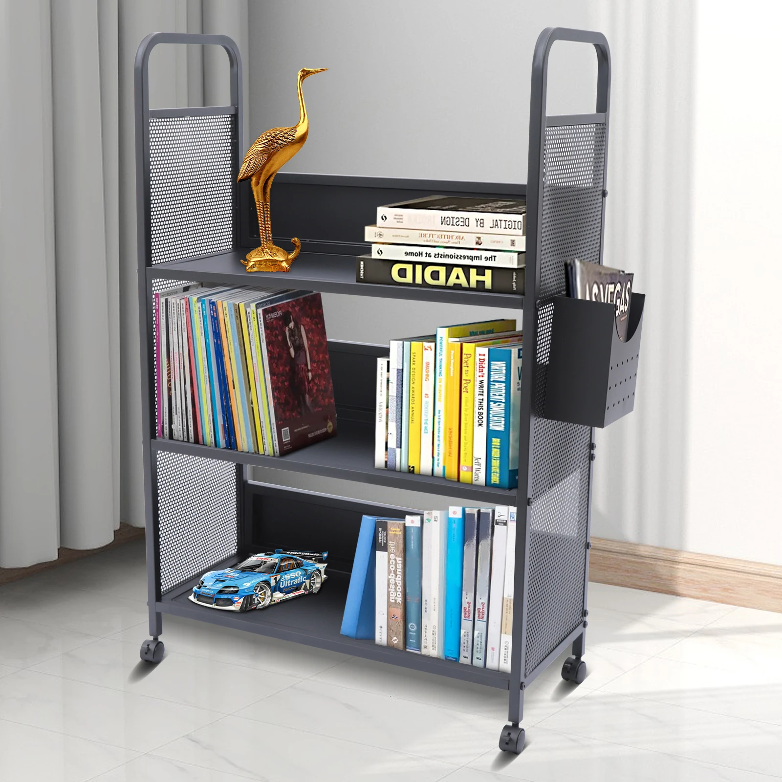 3 Flat Shelves Mobile Rolling Book Truck Library Storage Cart with Swivel Lockable Casters Black