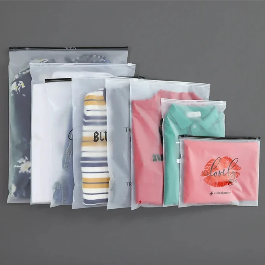 

Plastic Frosted Zipper Bag Clothing Storage bag Packaging Plastic Ziplock Bag with Custom Logo Brand Name Printing