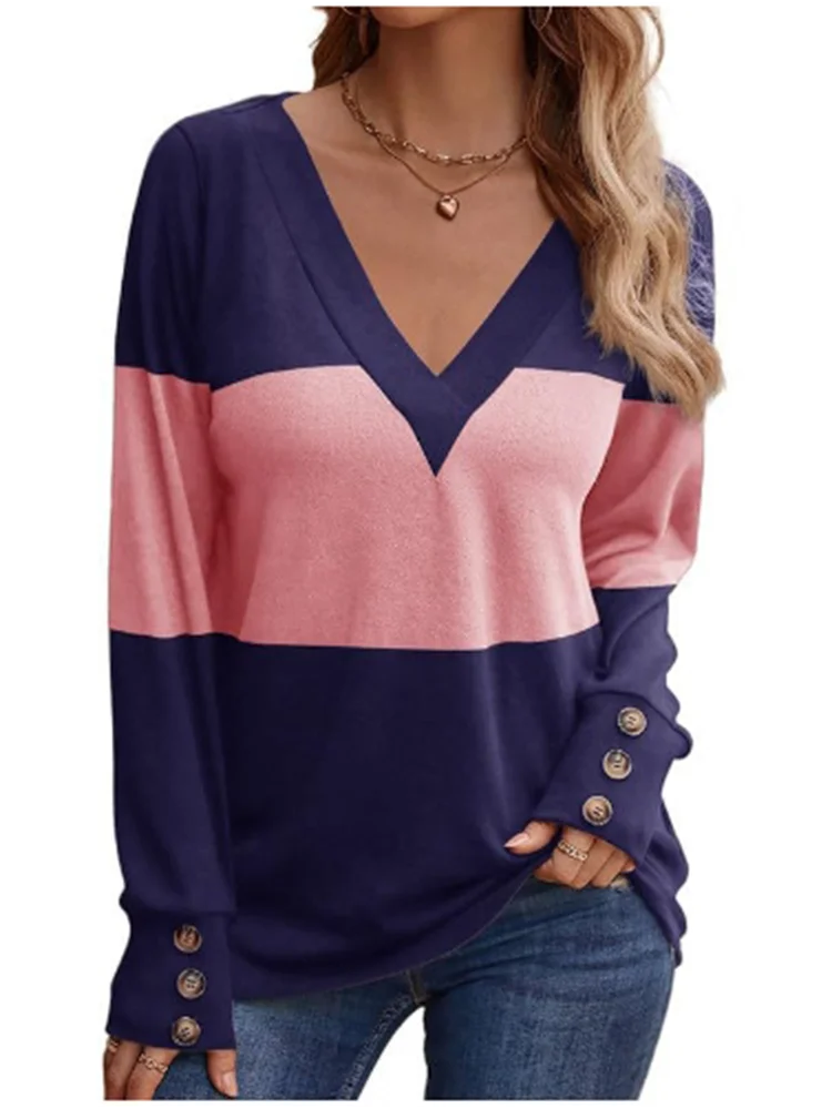 Camiseta holgada de manga larga con cuello en V para mujer, camiseta Sexy con botones bloqueados de Color, Top de moda de calle Simple y versátil para otoño