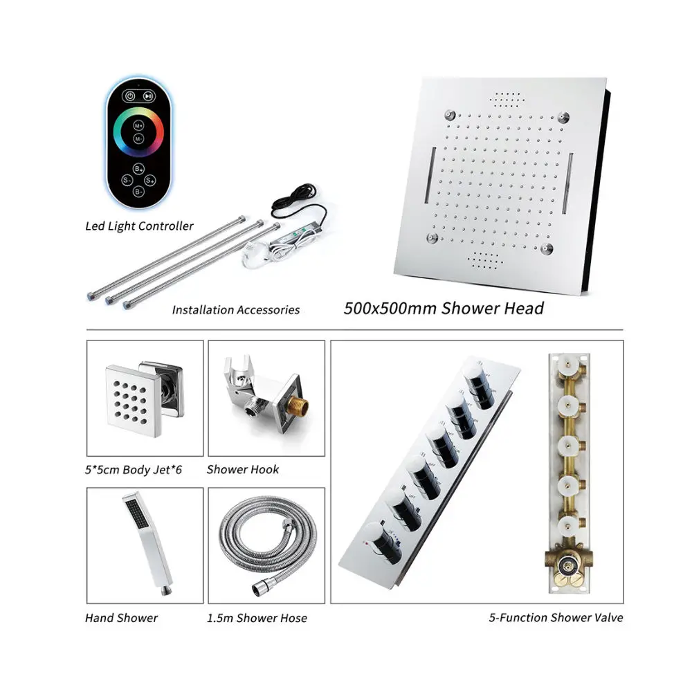 スマートLEDシャワーヘッド レインフォール レインマッサージ サーモスタット式 隠蔽型 浴室セット ポリッシュ仕上げ 天井取り付け レインフォール サーモスタット式