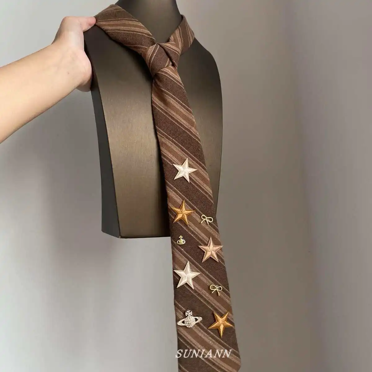 Women's Retro Brown Striped Necktie with Embroidered Stars and Bow Charms, Preppy Shirt Accessory
