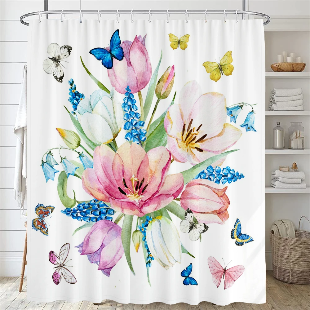 

1pc Modern Watercolor Floral Shower Curtain Set with Hooks - Waterproof and Minimalist Design for Bathroom Curtain