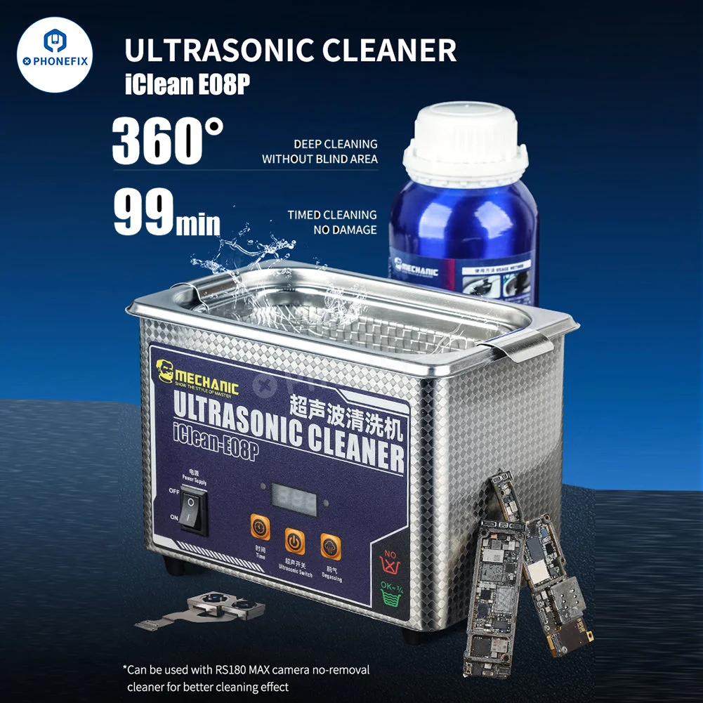 ميكانيكي iClean-E08B منظف بالموجات فوق الصوتية 360 °   تنظيف 40 كيلو هرتز 0.8 لتر لساعة الكاميرا الزجاجية لعدسة الهاتف أداة إصلاح نظيفة
