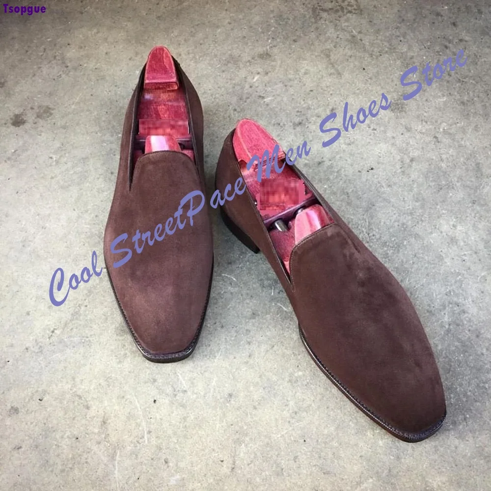 Men Dark Brown Suede Loafers Shoes Square Round Toe Slip‑On Hand‑Stitched Formal Business Casual Dress Shoes Zapatillas Mujer