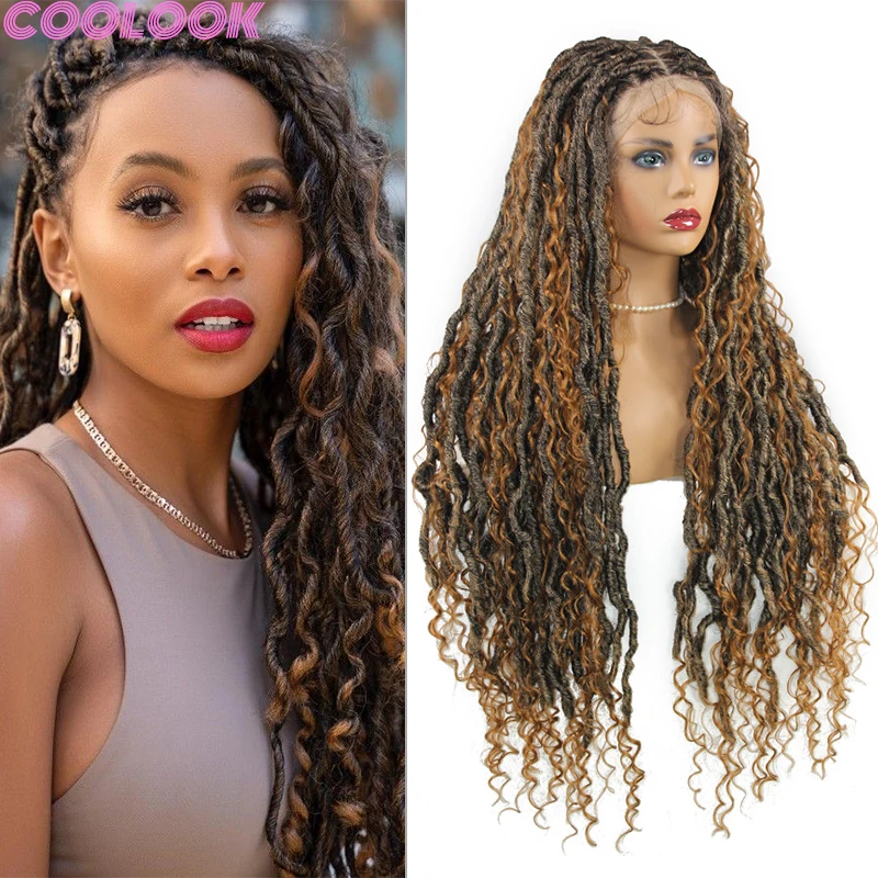 Blonde Full Lace Synthetic Twist Braided Wigs Bohemian Deep Wave Knotless Braids Wig with Plaits 32 Inch Lace Frontal Braid Wigs