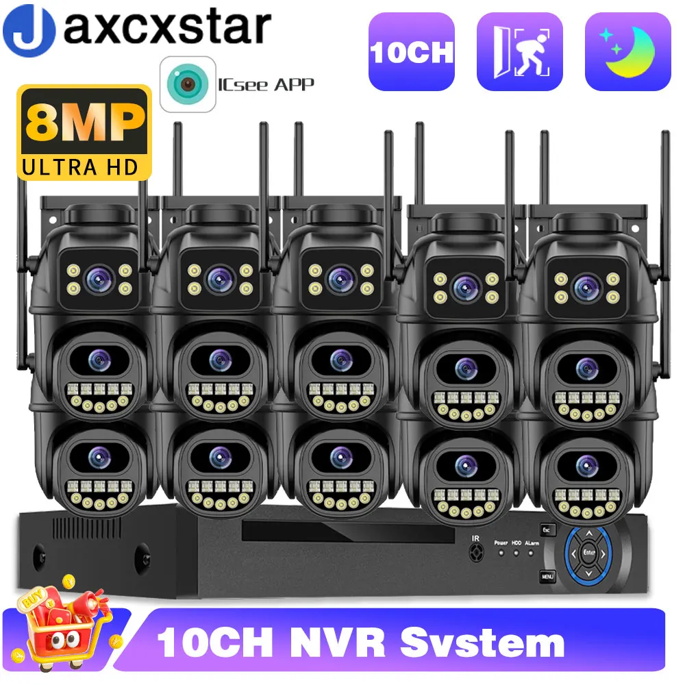 

4K HD POE Security Camera System Kit 8MP Outdoor WiFi PTZ Camera 10CH NVR Pedestrian Detection 48V Xmeye App CCTV Surveillance