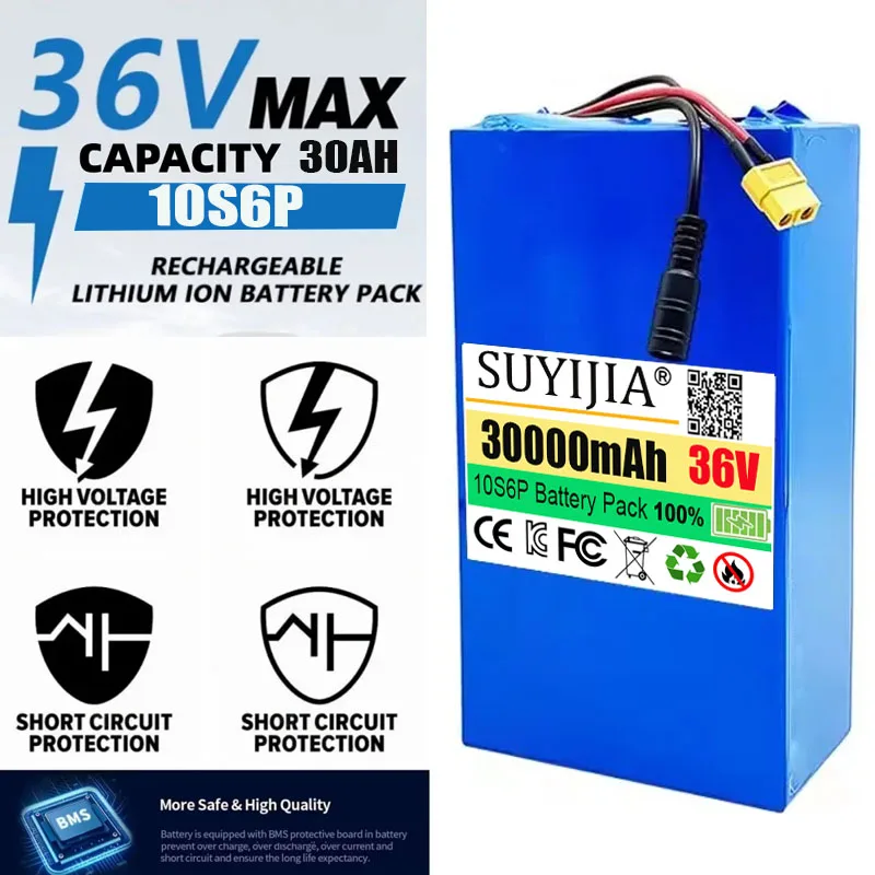 10S6P 36V 30000mAh High-capacity Rechargeable 18650 Li-ion Battery Built in BMS Suitable for Electric Scooter Battery
