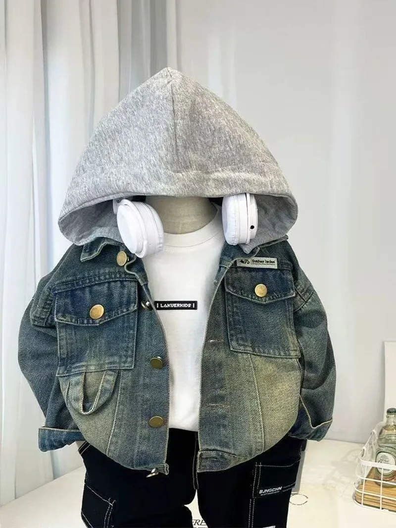 

Boys' Spring and Autumn Cowboy Jacket 2025 New Style Children's Handsome Detachable Hooded Jacket Boys Baby Fashion Coat 2-9Y