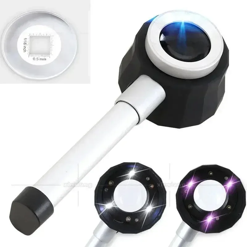 

LED UV Light Magnifier 30X Dermatoscope Textile Tester Loupe 0.5mm Measuring Scale Clear Vision Magnifying Glass with LED Lights