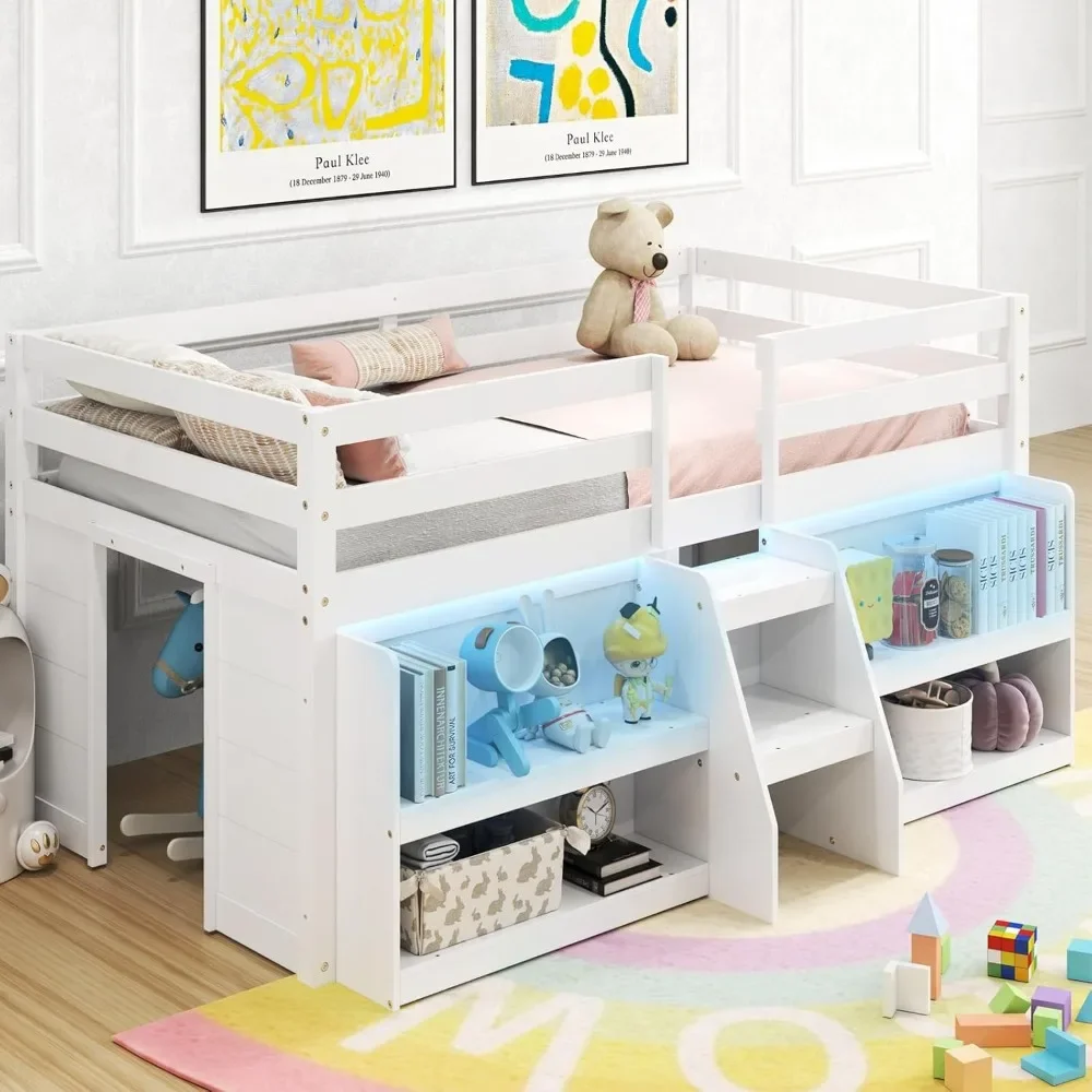 

Modern Loft Bed Twin Size Low Loft Bed with LED Light and 2 Bookcases,Wood Loft Bed with Under-Bed Play Space,Stairs& Guardrails