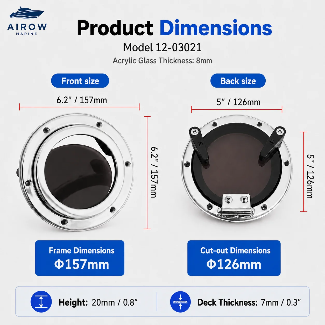 Hublot de bateau rond anti-éblouissement en acier inoxydable AISI 316 de 5 à 7 pouces, hublot marin 