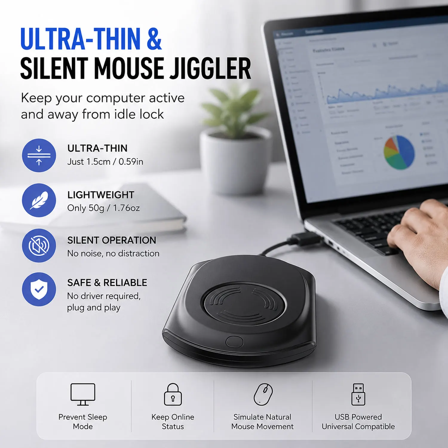 Mouse Jiggler, Ultra Slim, 20dB Noiseless, Undetectable Mouse Mover Simulates Realistic Movement, Driver Free Shaker