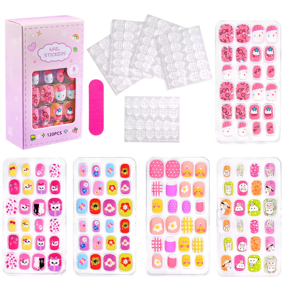 120 piezas/caja de uñas postizas para niñas princesa, de 6 a 14 años, kawaii con gatos, flores, arcoíris, incluye gel tipo gelatina, regalo para niñas 4