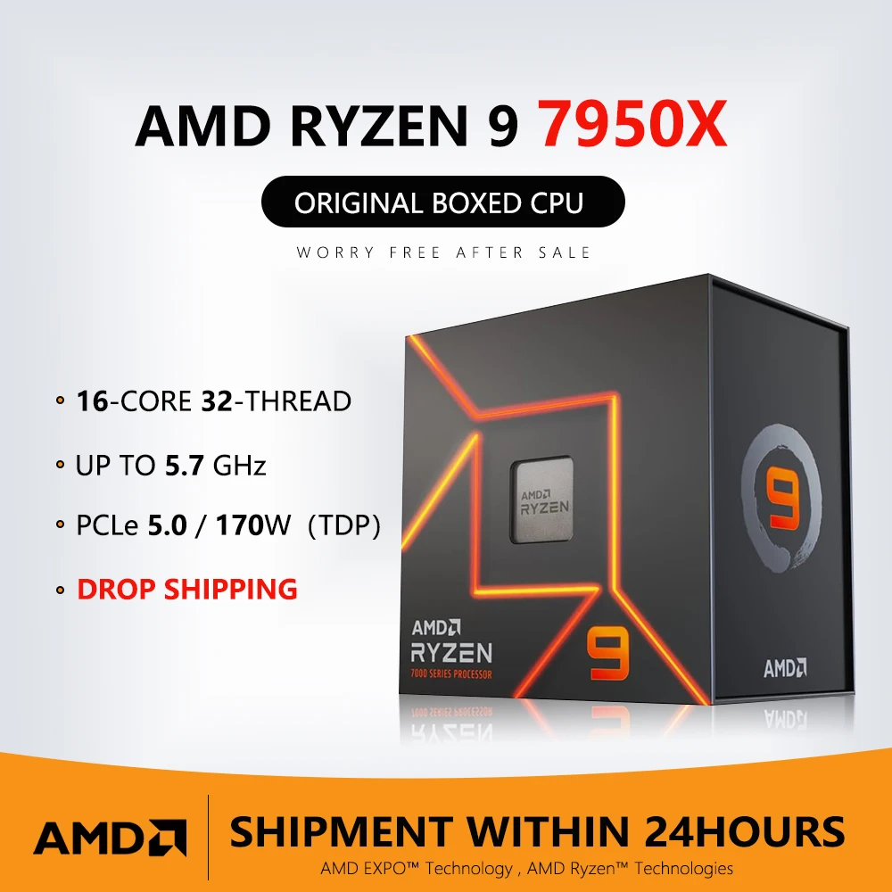 AMD Ryzen9 7950X 5nm CPU 16-CORE 32-THREAD 4.5GHz base,5.7GHz boost 170W R7 Boxed Desktop Processor Unlocked,Cooler not Included