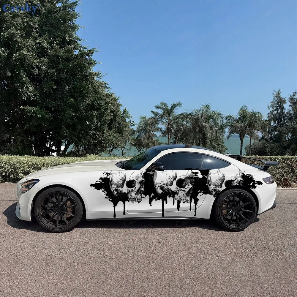 Splashing Ink Skeleton Car Side Wraps, Self-Adhesive PVC Waterproof & Scratch-Resistant Stickers, Car Accessory Gift