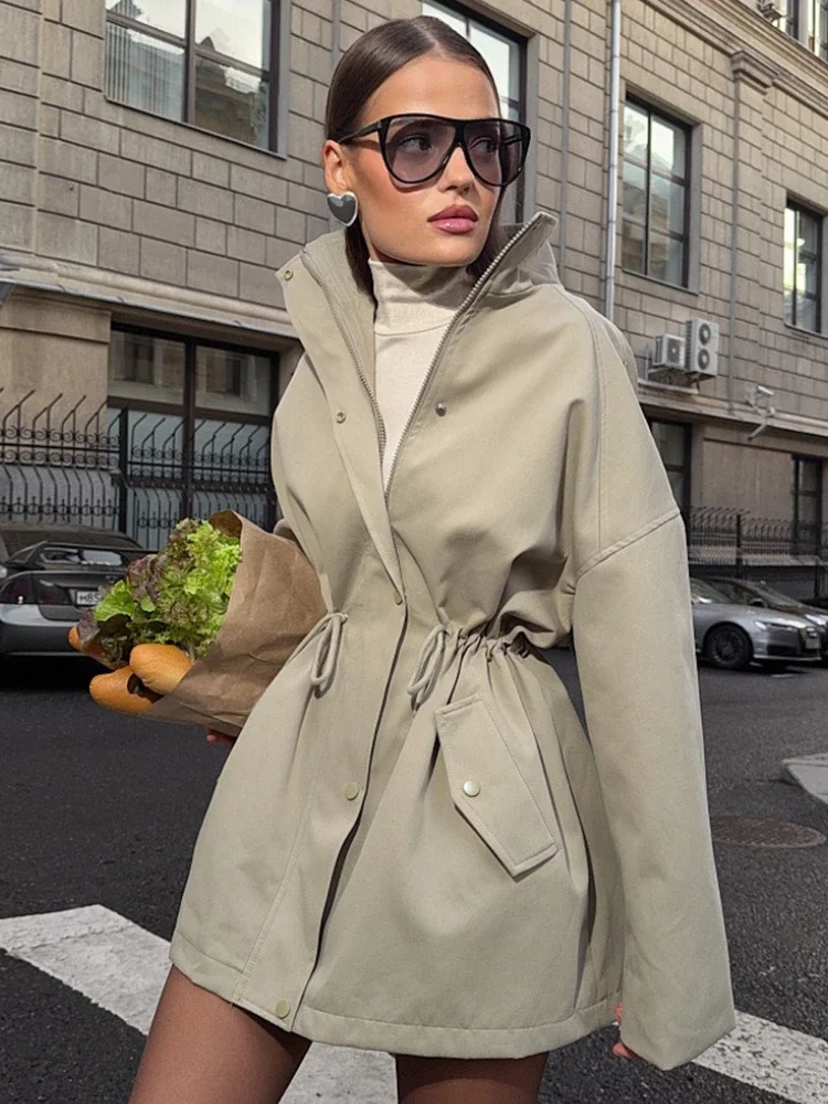 Stand Collar Drawstring Waist Trench Jacket Female Autumn 2025 Commute Long Sleeves Casual Women's Mid-Length Trench Coat