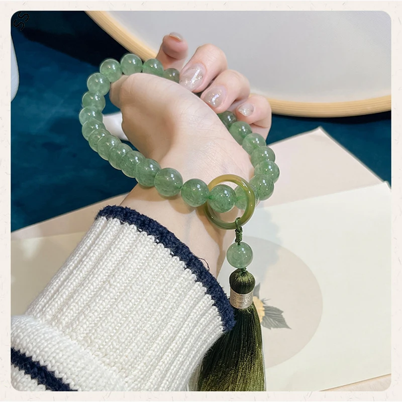 Natural Green Strawberry Crystal Hand-held Bracelet Quality Jewelry Hand Twist Strand Fringe Antique Accessories for Women