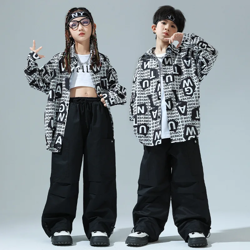 Kinder Street Dance Kostüm Brief Druck Hemden Hosen Sets für Jungen Mädchen Lange Ärmel Outfits Moderne Jazz Bühne Tragen