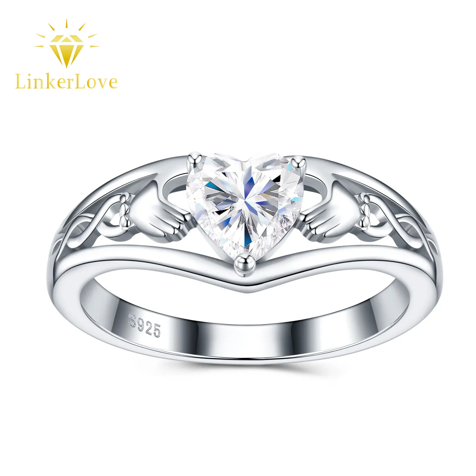 

LinkerLove 925 Silver 0.8CT Moissanite Heart Ring for Women Holding Heart Infinity Twist Band Romantic Promise Ring Fine Jewelry