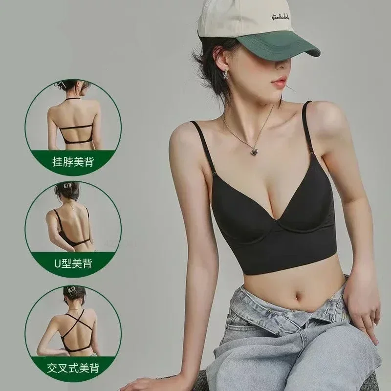 Invisible Bra with Bare Open Back Sexy Women Intimate Underwear Small Chest Pudh Up Gathered Lingerie Thin Vest Seamles Backless