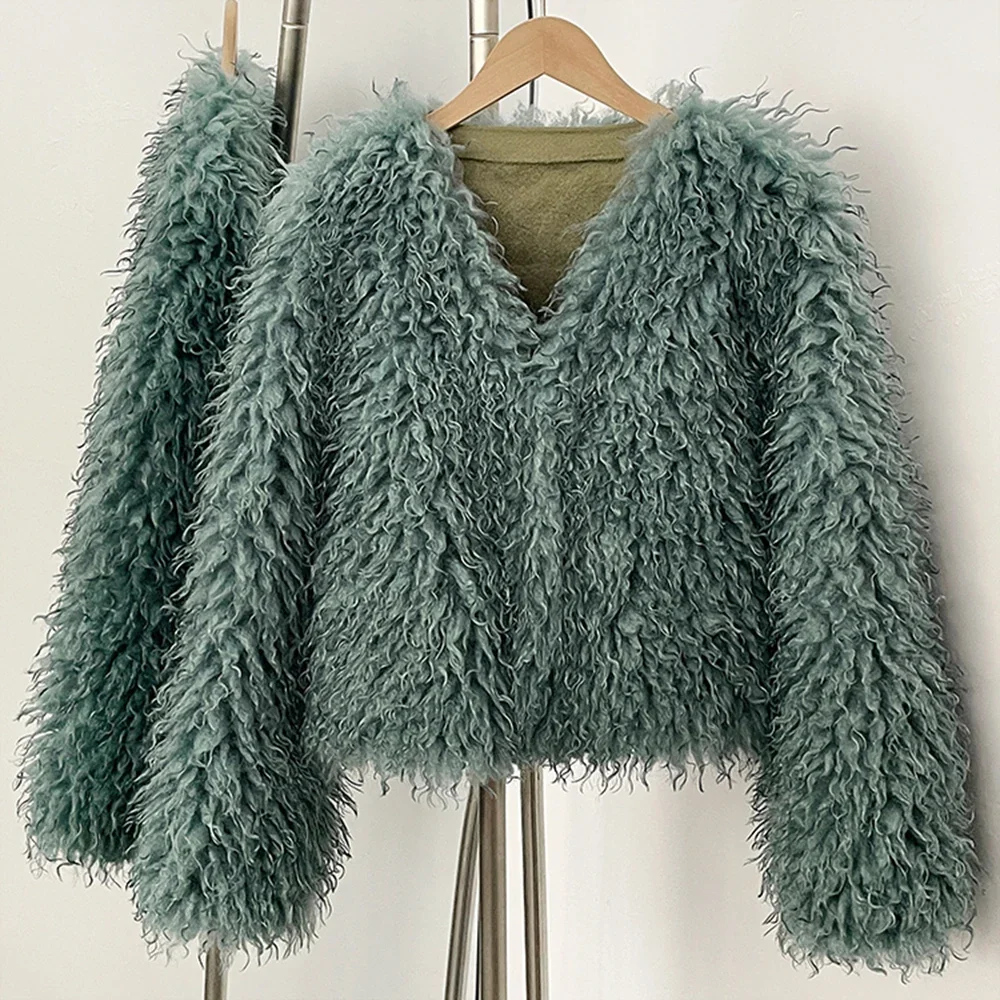 

OFTBUY Faux Fur Jacket New fashion Luxury Female Autumn Winter Clothes Warm Thick V-neck Short Artificial Women Fur Coat Lady