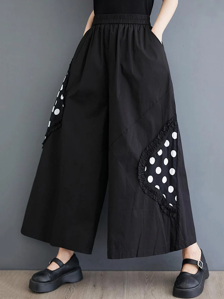 

2024 Summer New Black Vintage Polka Dot Print High Elastic Waist Wide Leg Pants Women Casual LooseTrousers Fashion Streetwear