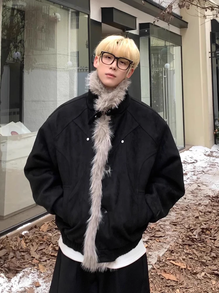 

Retro Men's Thiened Suede Cotton Jaet Warm Coat with Large Fur Collar AP MMDD Winter Outerwear Casual Loose Fit Youth Trend