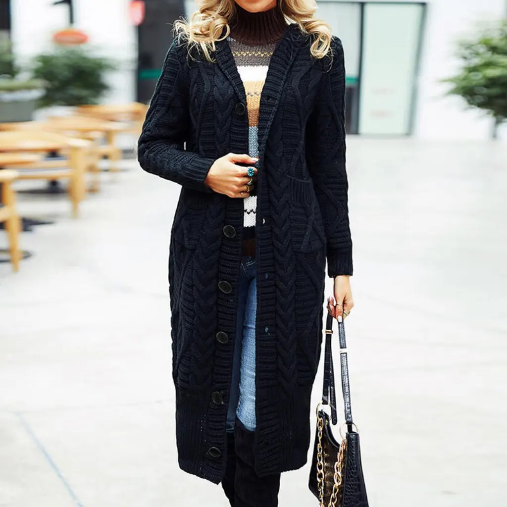 

Women's Knitted Cardigan Sweater Large Size with Pockets Long Coat Fashion Trend for European And American Markets