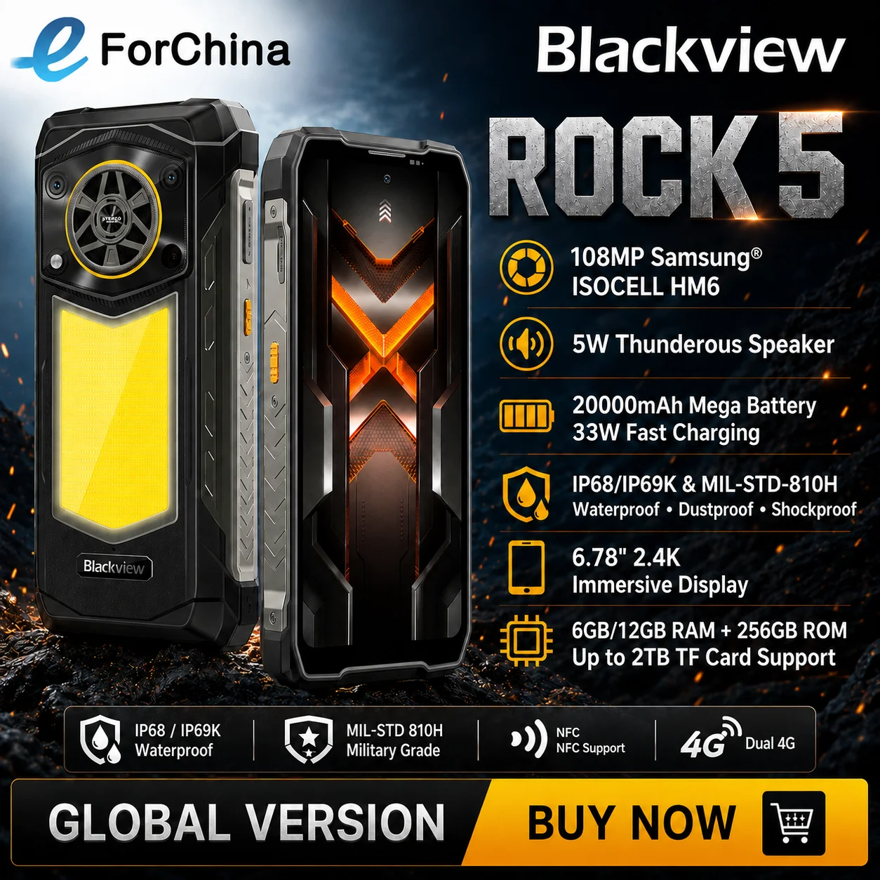 Blackview ROCK 5 Rugged Smartphone 6.78'' 2.4K Display 20000mAh Battery 33W 6GB / 12GB+256GB 108MP Camera Android 16 NFC Mobile