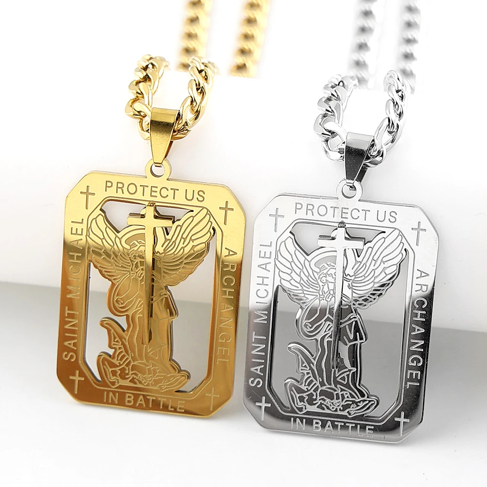 Collier pendentif croix médaille Saint-Michel Archange pour femmes et hommes, en acier inoxydable, amulette Saint-Michel, bijoux chaîne