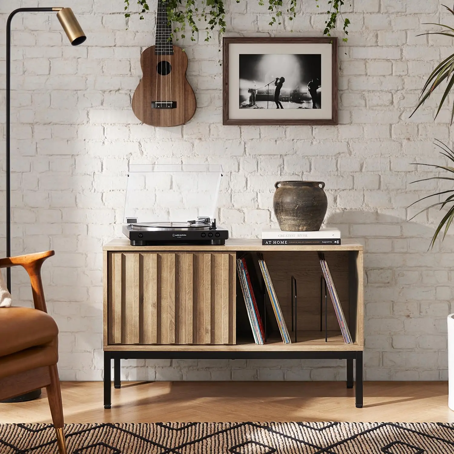 Vinyl Record Storage Cabinet, Turntable Stand & Media Console, Removable Dividers, Sliding Door, Metal Legs, Customized