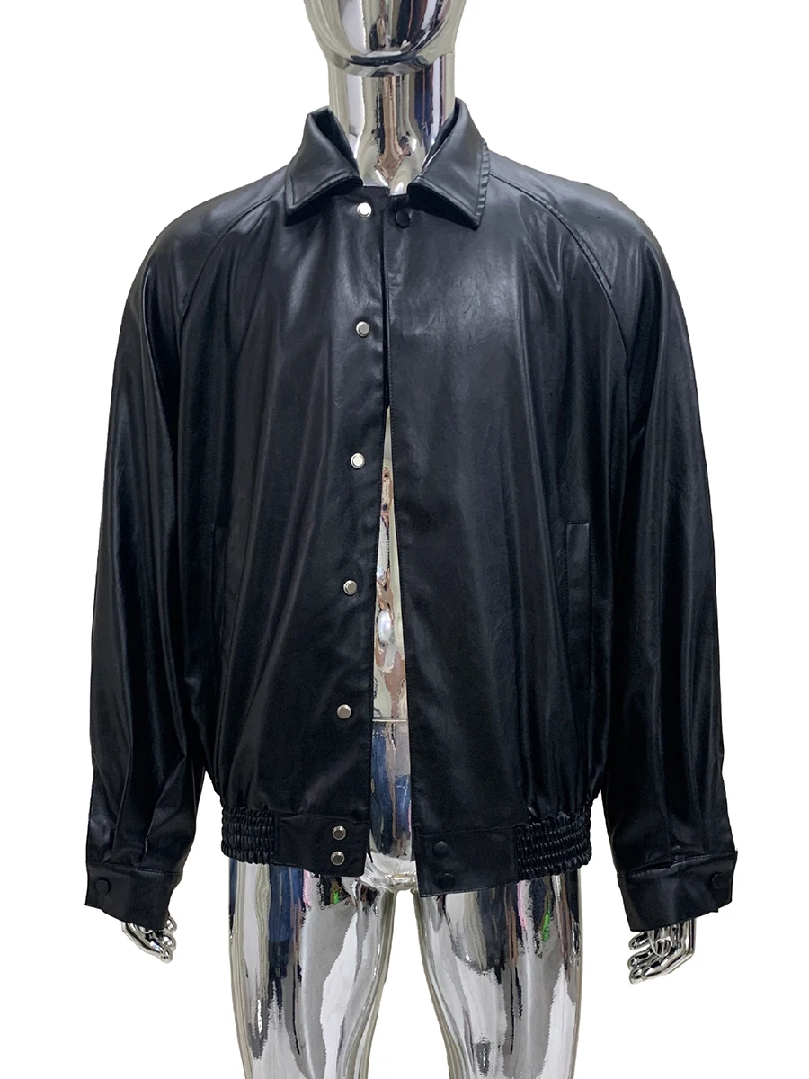 

Spring Autumn Short Black Faux Leather Jacket for Men Raglan Sleeve Turn-Down Collar Chic Loose Casual Japan Style Fashion 2025
