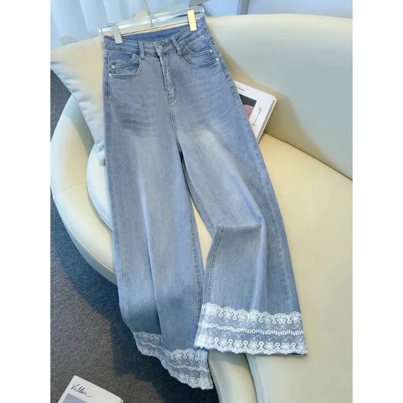

Light Lace Wide-Leg Jeans Women 2025 New Spring Autumn Summer Nine Cowboy Pants Straight Plus Size 5XL Denim Trousers Female