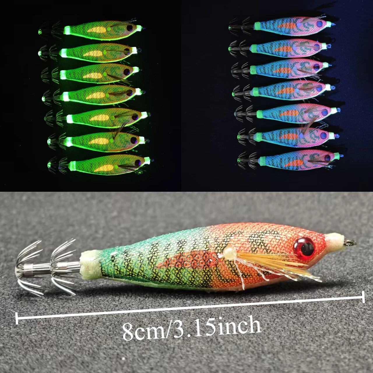 7 Stück/Set 8cm Leuchtende Garnelen-Angelköder Salzwasser-Garnelen-Köder Oktopus-Tintenfisch-Jigs Angelhaken Angelzubehör – Detail 1