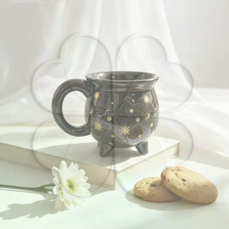 Ceramic Cauldron Coffee Mug Black Gold Celestial Sun Moon Star Pattern Exquisite Christmas Gift for Coffee Lovers