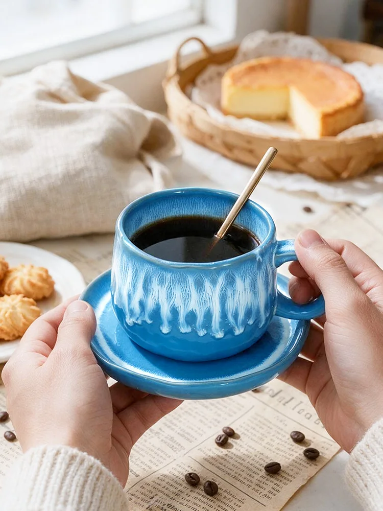 HiBREW 250ml Blue Kiln Changed Glaze Ceramic Coffee Mug Set With Saucer Heat Resistant Non-slip Base Tea Cup For Home Office Caf