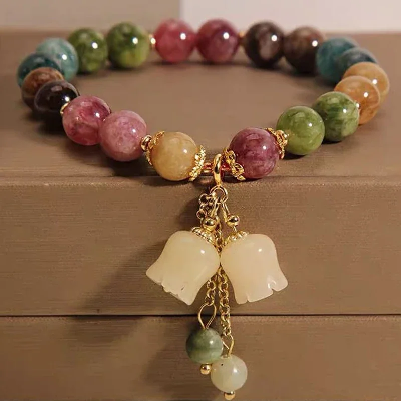 Pulseras de cadena de material premium de cristal artificial con cuentas de turmalina natural Diseño versátil Ajuste flexible Símbolo de prosperidad