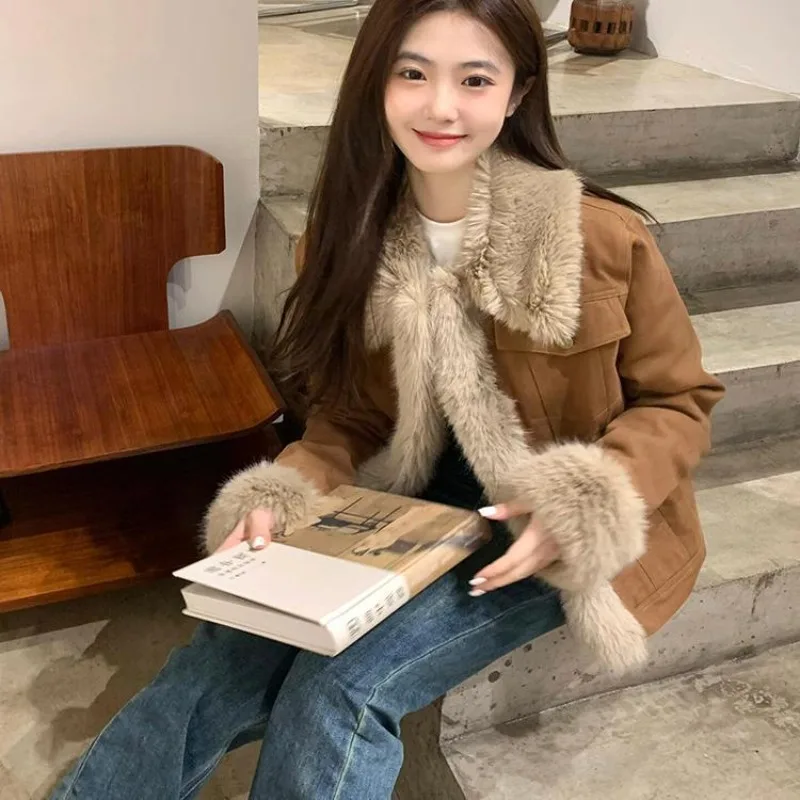 Patchwork Lapel Furry Jacket Fluffy Warm Thick Brown Slim Short Plush Coat Faux Fox Street Casual Women‘s Winter Jackets Stylish