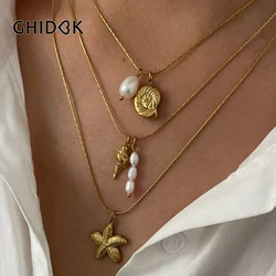 GHIDBK Waterproof Beach Party Holiday Jewelry Natural Freshwater Pearl Conch Starfish Pendant Necklace Women Trendy Accessory