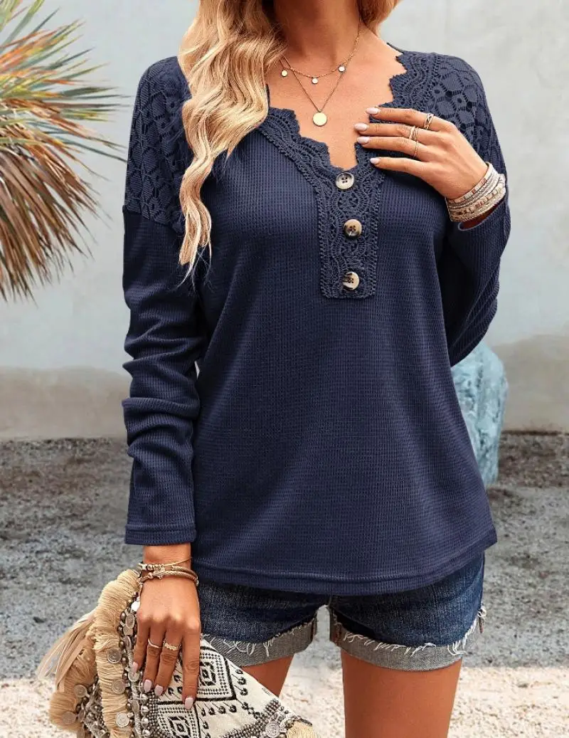 Elegant Women's Shirts Autumn Simple V-Neck Lace Solid Color Long Sleeved Top Loose Basic Casual Vacation Elegant Women's Shirts