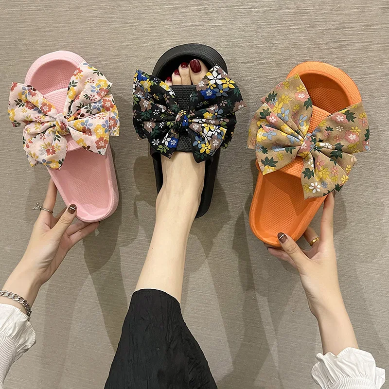 Cute Big Bow Women's Slippers 2024 Summer Outwear Versatile Thick Sole Sandals Slippers Fashion Non-slip Beach Slippers