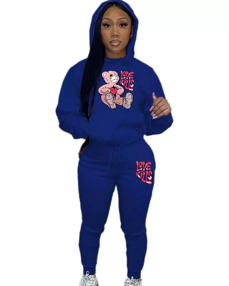 Autumn and winter women's fashionable and comfortable fall shoulder sleeve long sleeved round neck hooded sweatshirt set 4