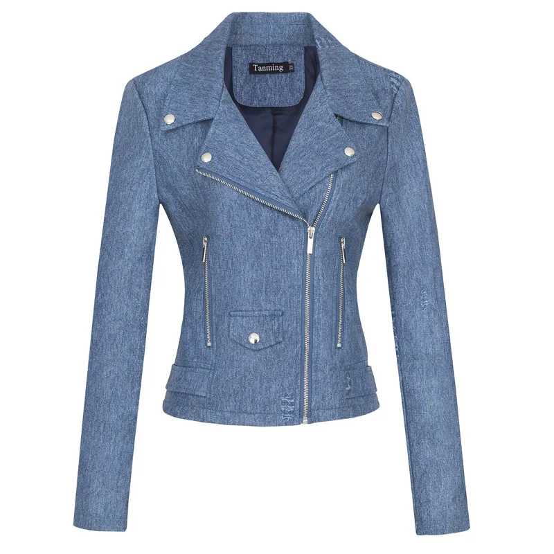 Women's Casual Solid Color Fitted Motorcycle Jacket Denim Denim Fashion 2025 New Style