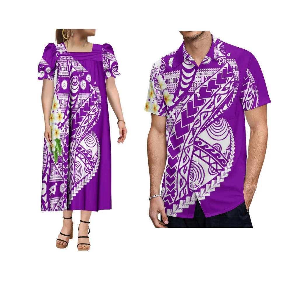 Tax Included Short-Sleeved Retro Loose Puffed Sleeve Mumu Dress Polynesian Women'S Custom Dress Men'S Shirt Couple Outfits