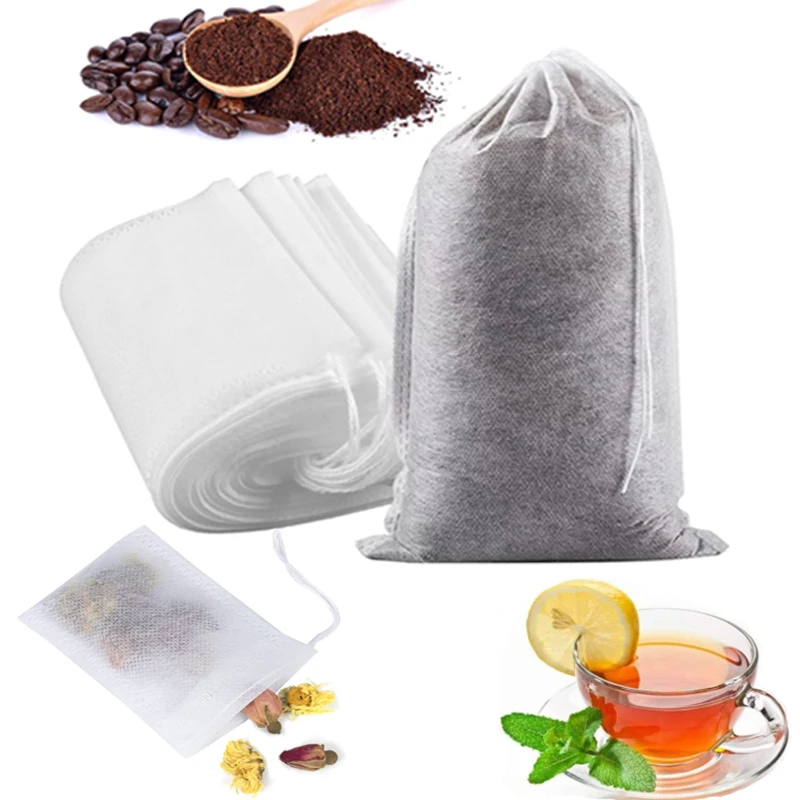 Sacos de chá descartáveis de vários tamanhos, saco de filtro de algodão, com cordão e pingente, ideal para folhas soltas, 10 a 100 unidades