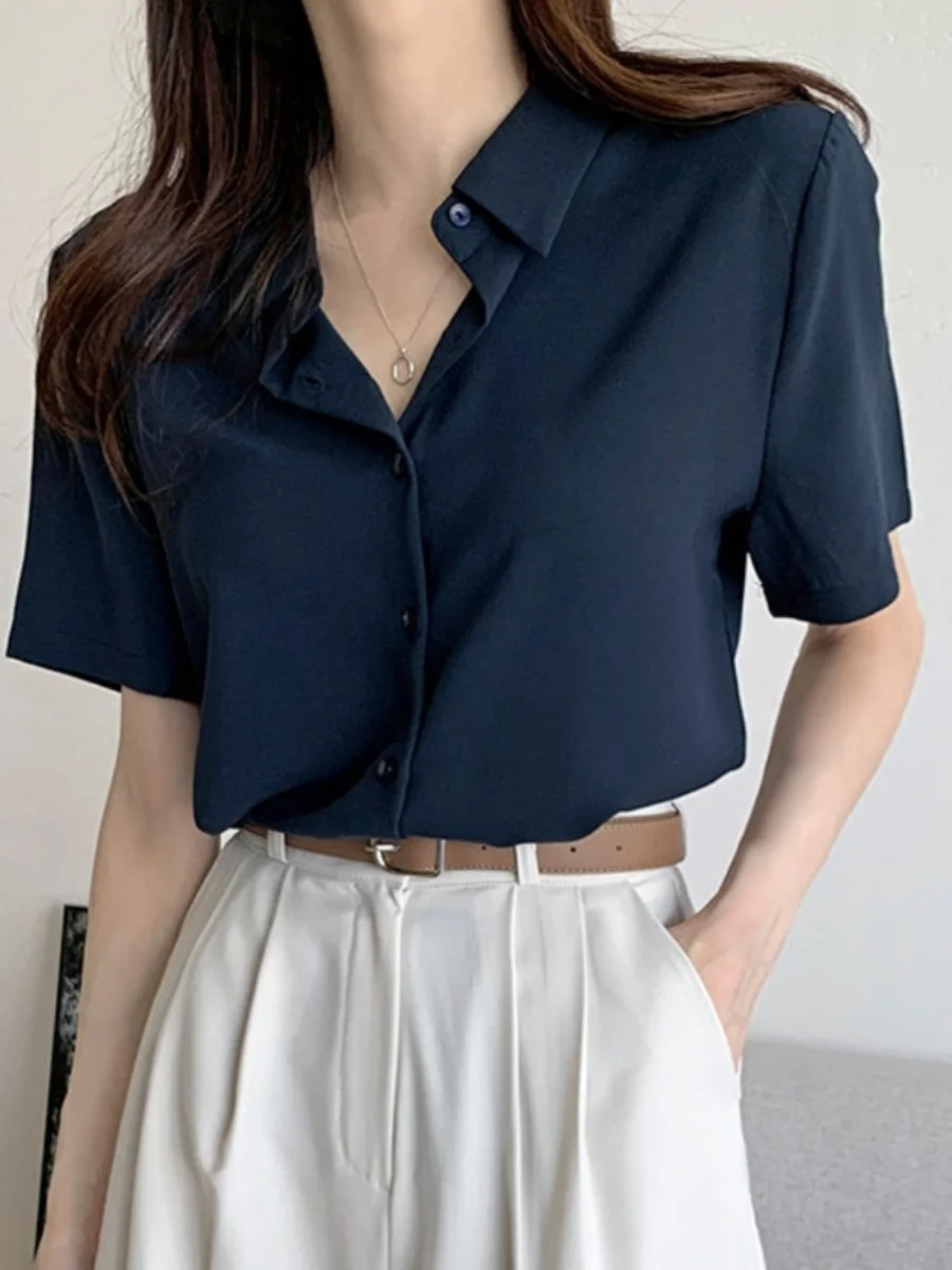 Elegant Vintage Style Women's Chiffon Shirt Summer Anti-Aging Design High-End Feeling Straight Cut Polyester Fiber Short Sleeve