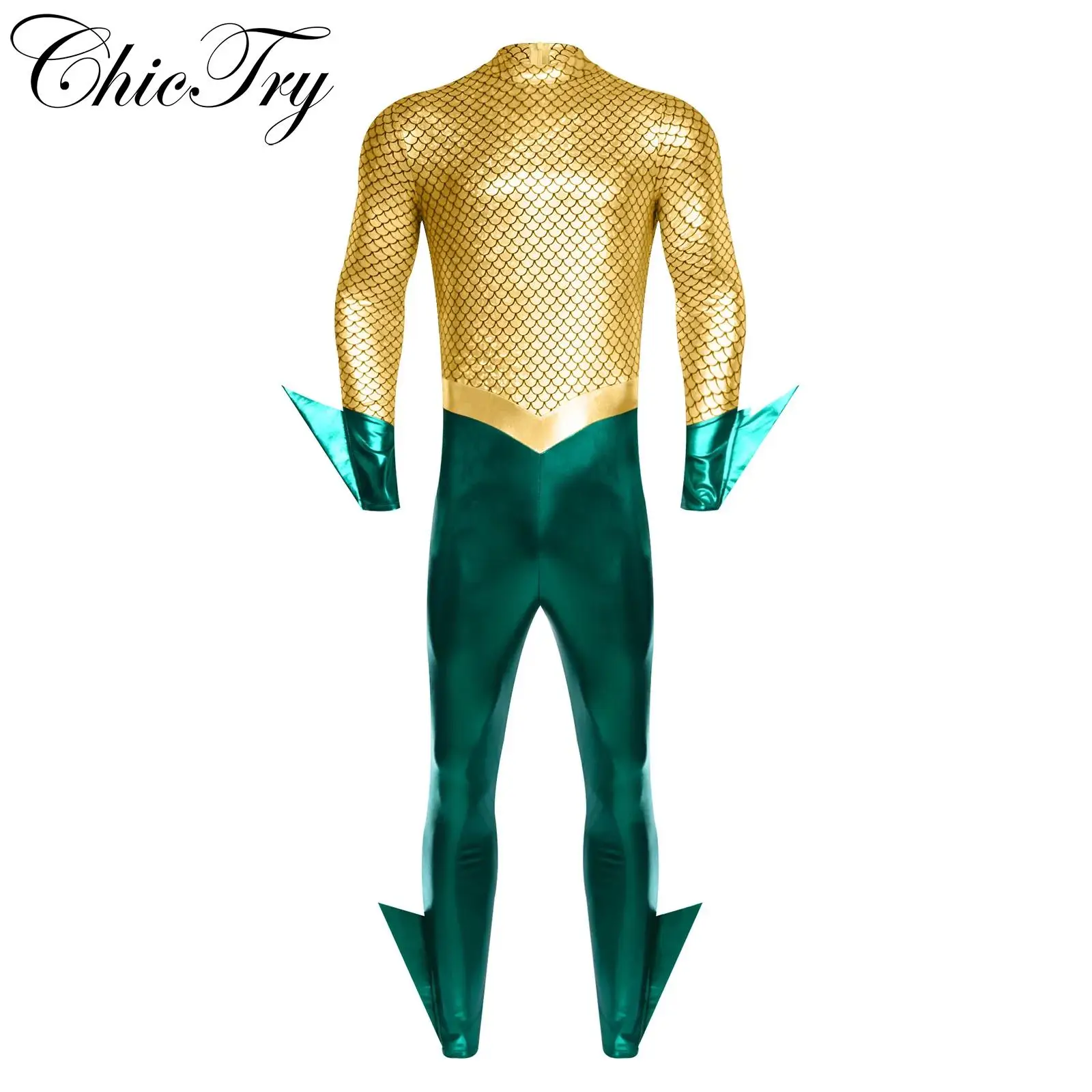 

Mens Sea King Costume Arthur Cosplay Jumpsuit Fish Scale Print Metallic Long Sleeve Romper for Halloween Carnival Fancy Dress Up