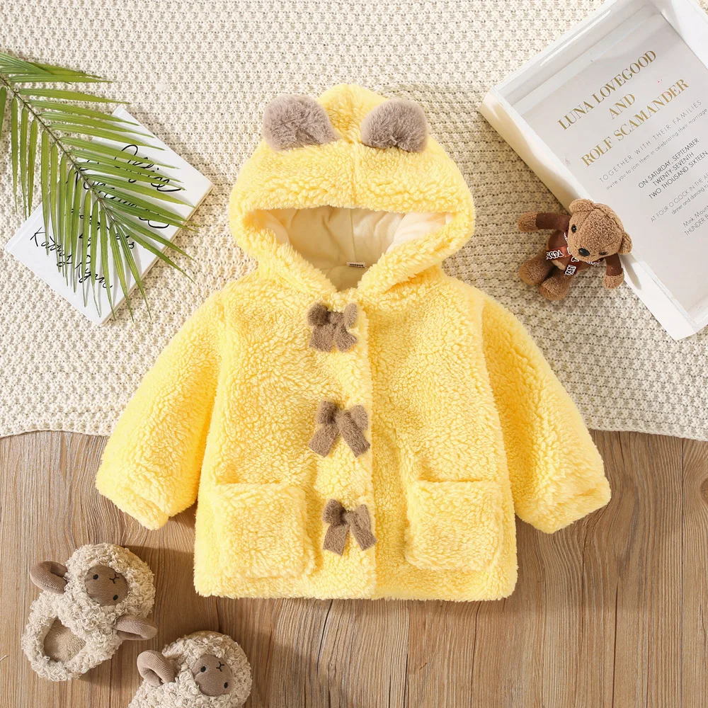 Winter Cute Baby Coat Children\'S Artificial Fur Wool Hooded Cartoon Clothing Children\'S Warm Solid Color Teddy Bear Sweater