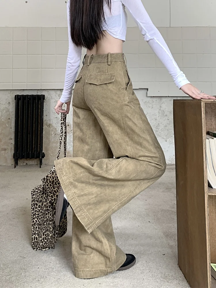 2025 cyber y2k moda angustiado cáqui baggy calças jeans plissadas para mulheres 90s roupas vintage kpop perna larga senhora calças compridas